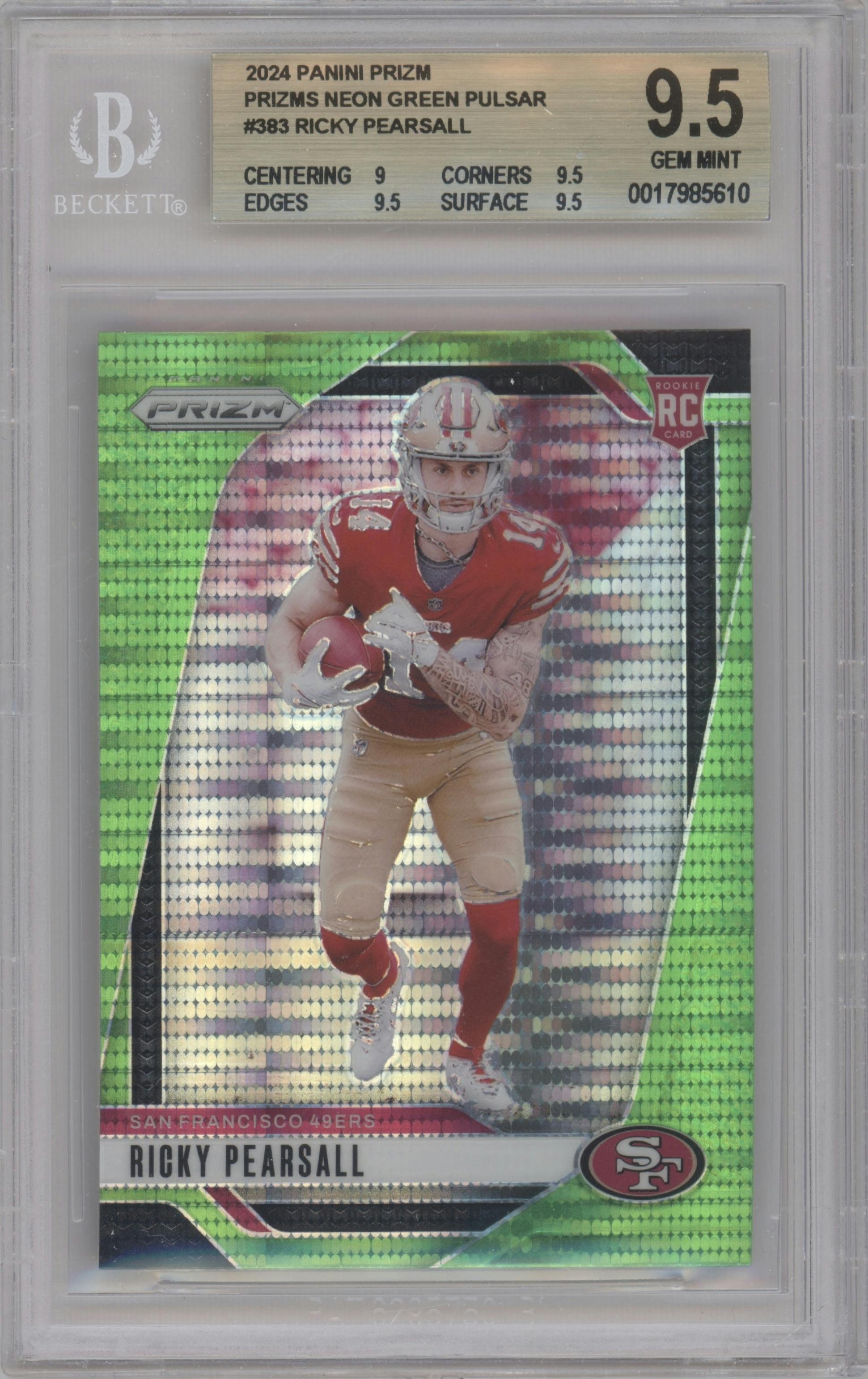 Ricky Pearsall from the 2024 Panini Prizm set featuring a Neon Green Pulsar  parallel graded by Beckett and given an overall grade of 9.5.