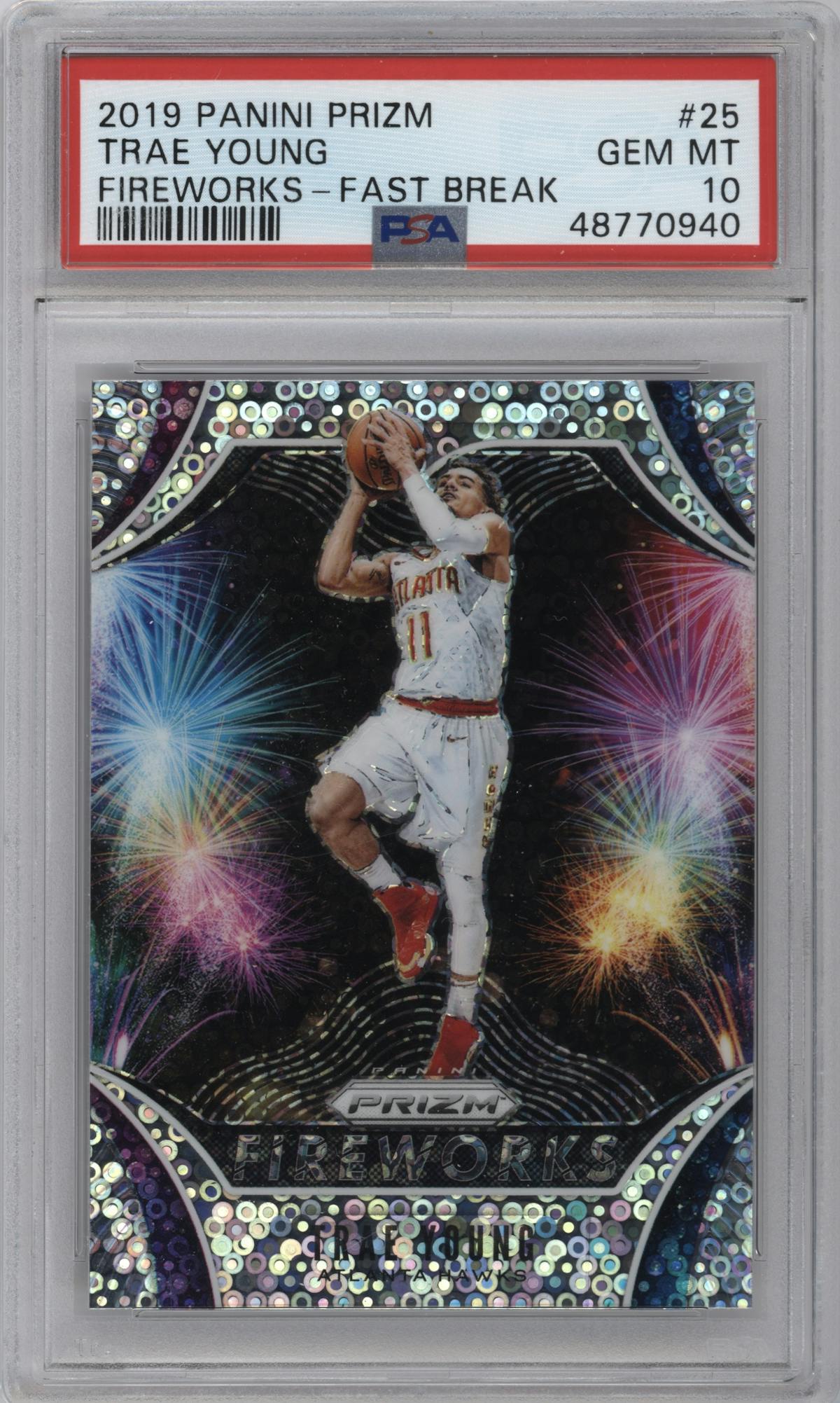 Trae Young from the 2019-20 Panini Prizm set featuring a Fast Break Prizm parallel graded by PSA and given an overall grade of 10.