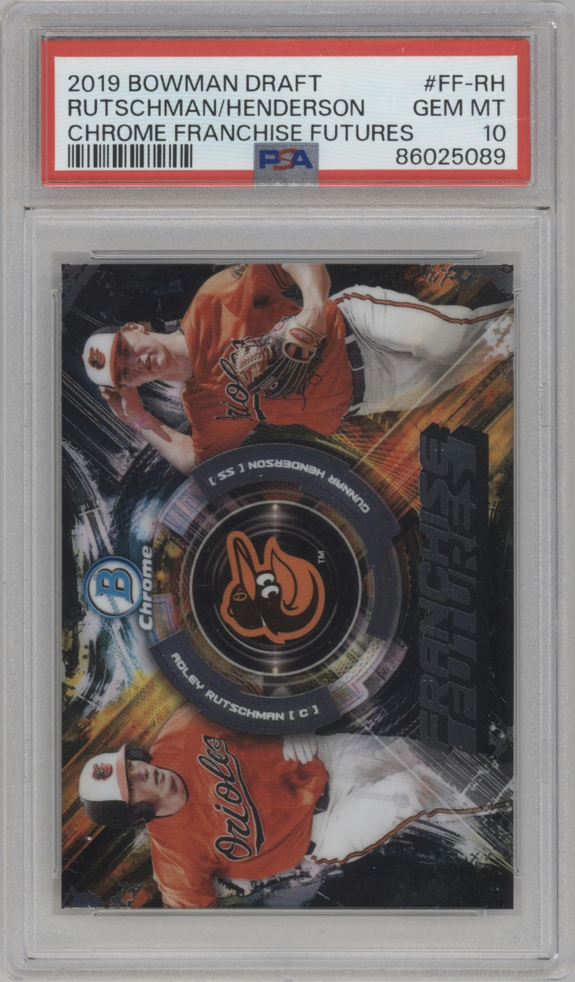 Adley Rutschman/Gunnar Henderson from the 2019 Bowman Draft set graded by PSA and given an overall grade of 10.