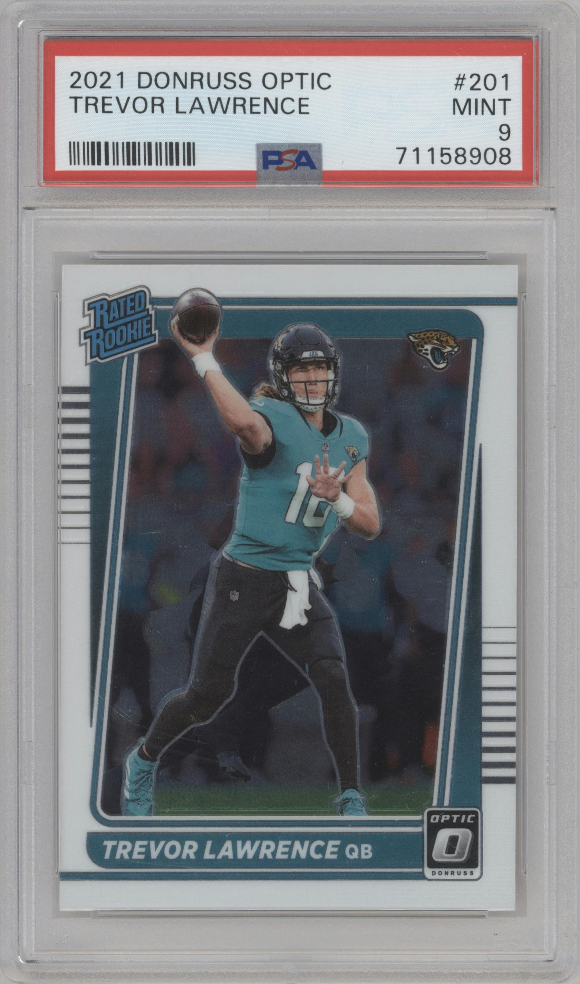 Trevor Lawrence from the 2021 Panini Donruss Optic set graded by PSA and given an overall grade of 9.