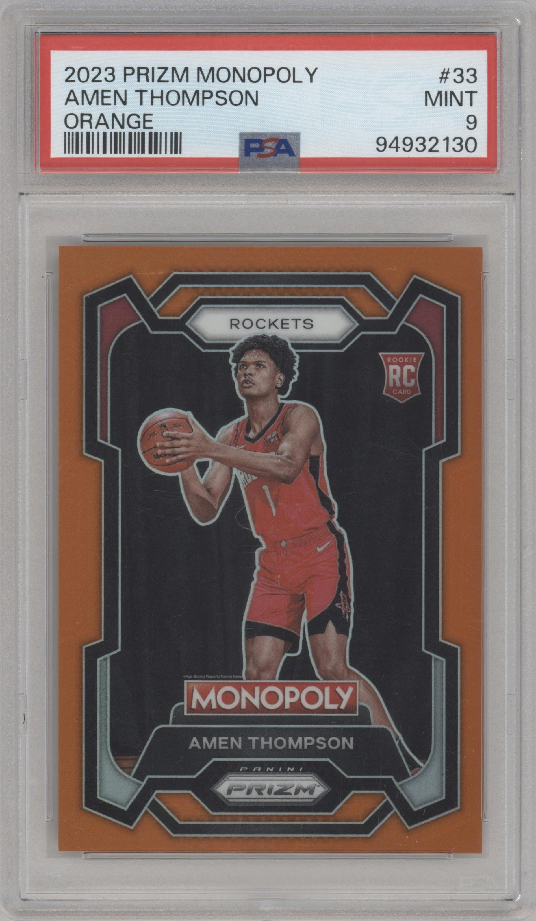 Amen Thompson  from the 2023-24 Panini Prizm Monopoly set featuring a Orange parallel graded by PSA and given an overall grade of 9.
