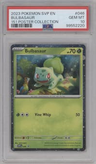 Bulbasaur from the 2023 Pokemon SV set featuring a Scarlet & Violet 151 Poster Collection parallel graded by PSA and given an overall grade of 10.