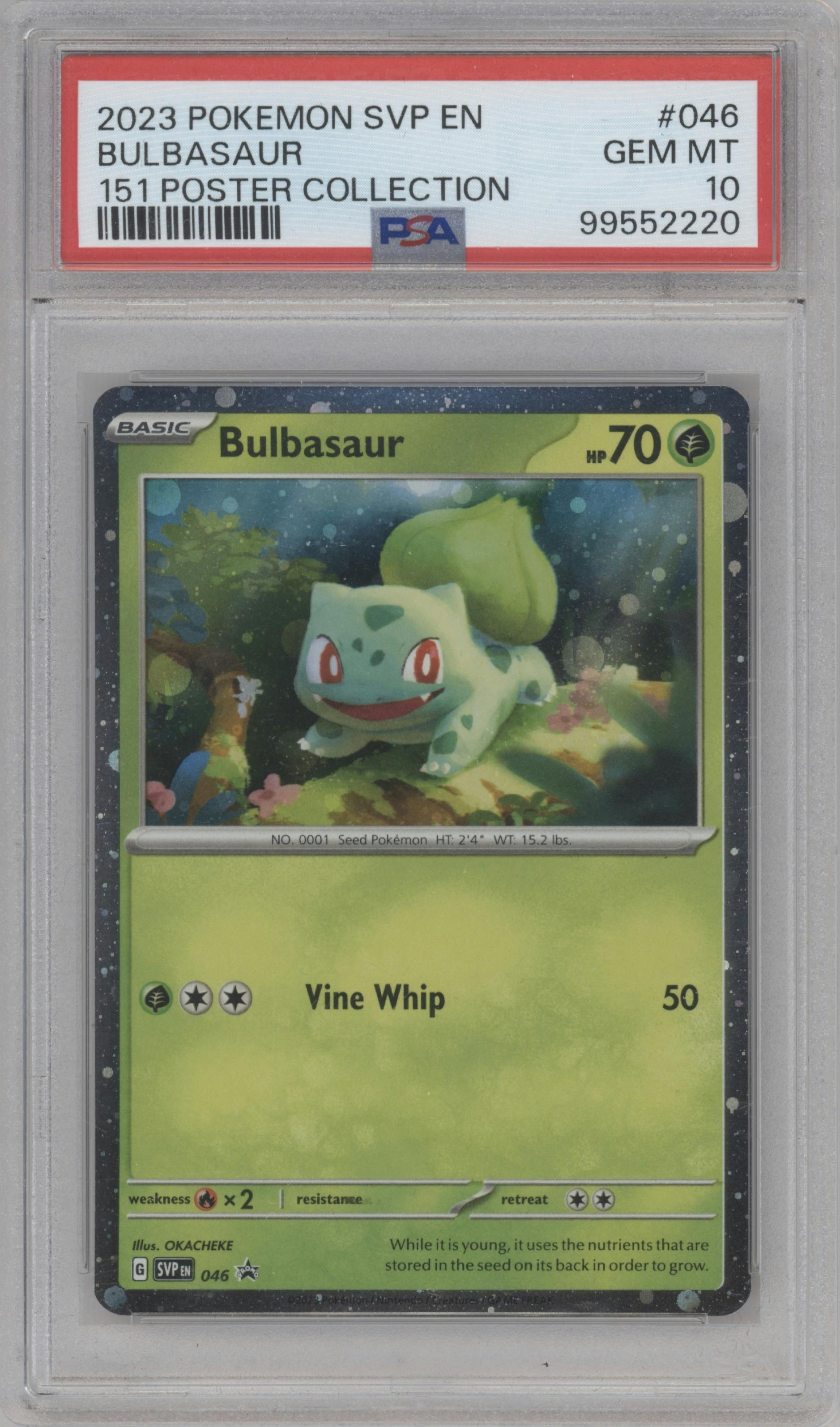 Bulbasaur from the 2023 Pokemon SV set featuring a Scarlet & Violet 151 Poster Collection parallel graded by PSA and given an overall grade of 10.