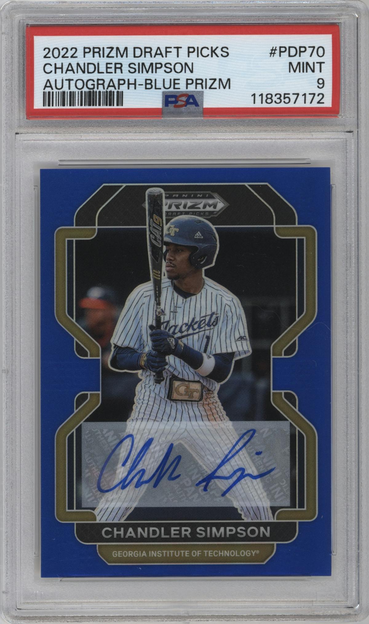 Chandler Simpson  from the 2022 Panini Prizm Draft Picks set featuring a Blue Prizm parallel graded by PSA and given an overall grade of 9.