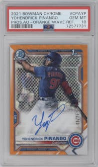 Yohendrick Pinango from the 2021 Bowman Chrome set featuring a Orange Wave Refractor parallel graded by PSA and given an overall grade of 10.