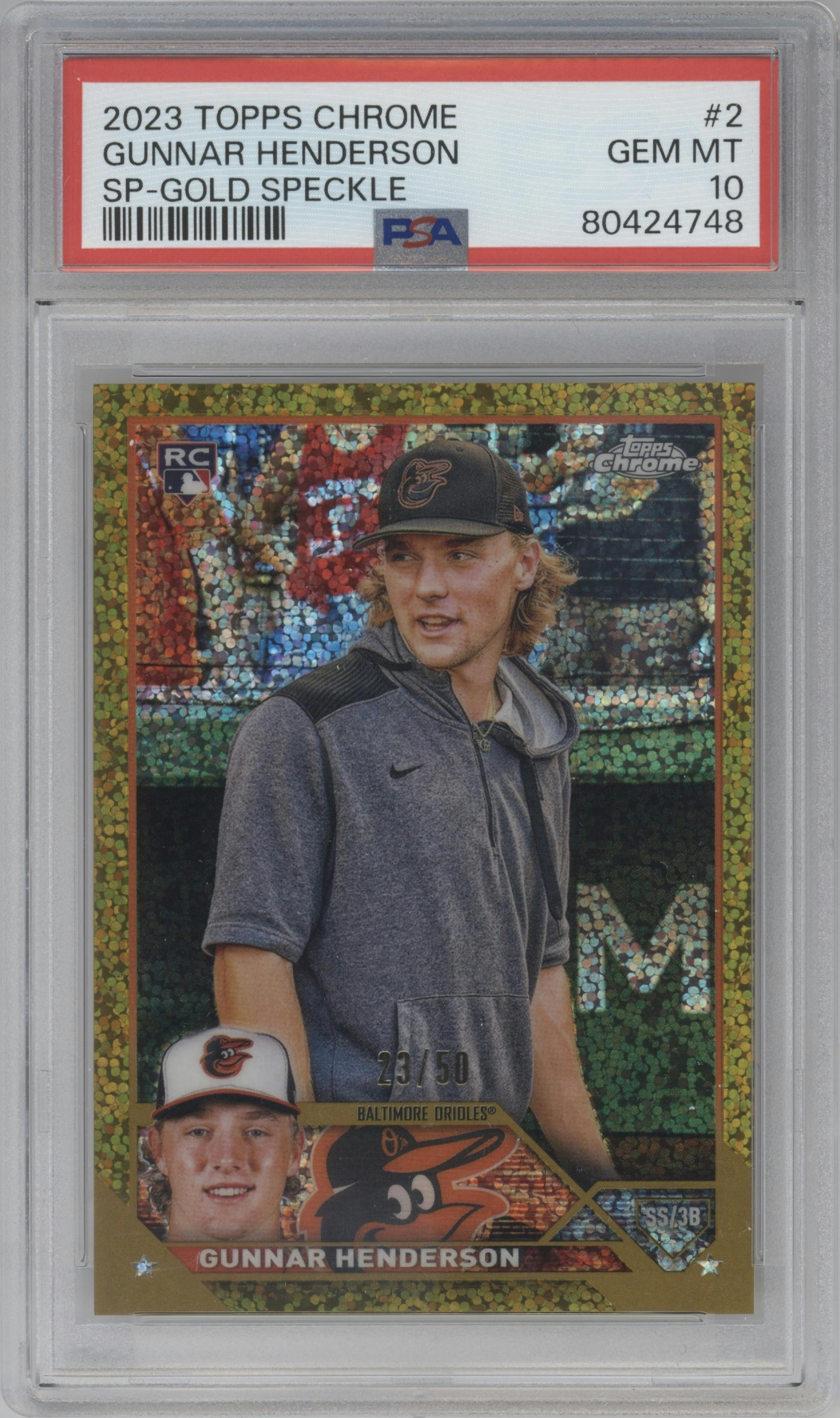 Gunnar Henderson from the 2023 Topps Chrome set featuring a Gold Speckle Refractor parallel graded by PSA and given an overall grade of 10.