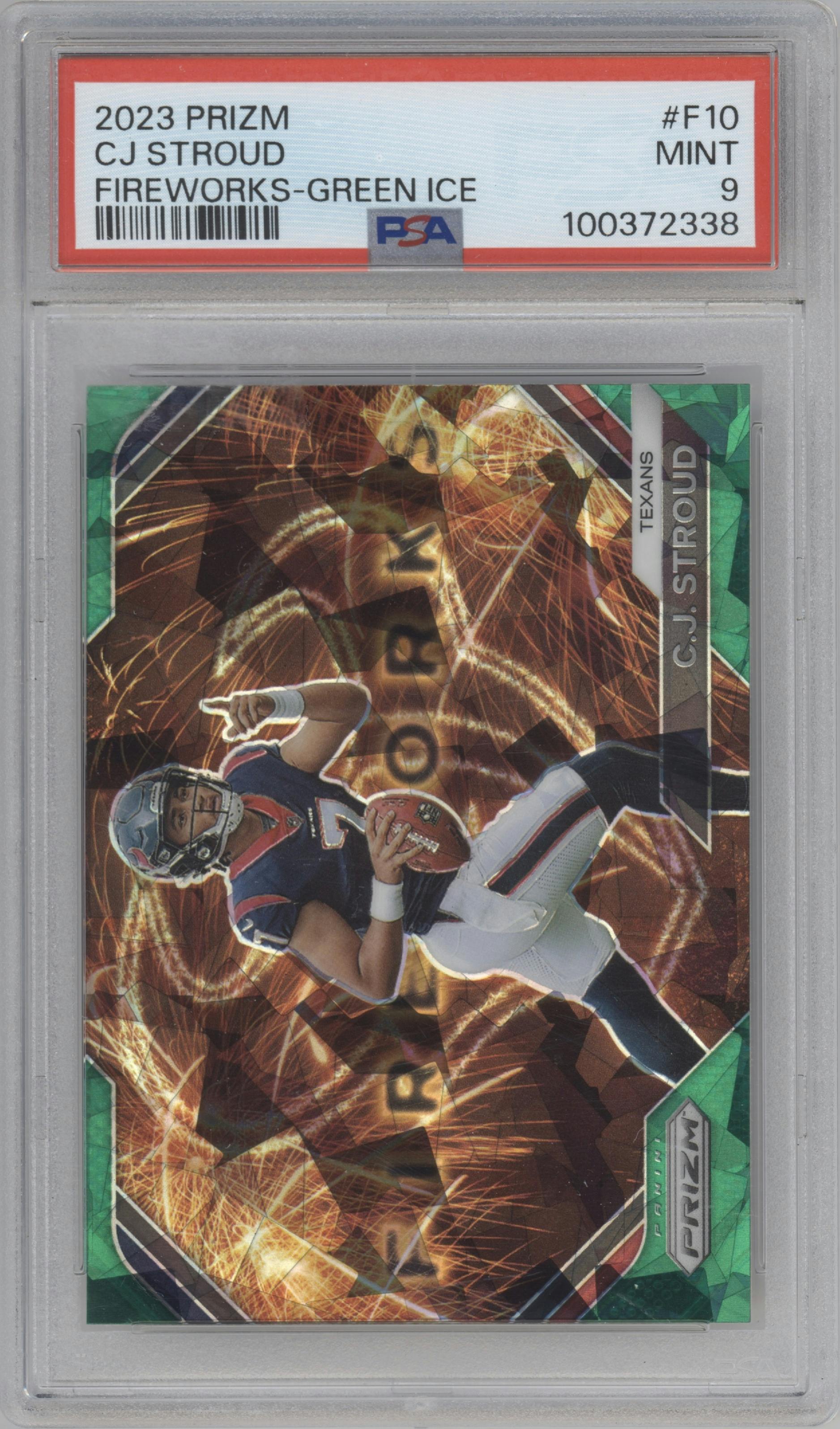 C.J. Stroud from the 2023 Panini Prizm set featuring a Green Ice parallel graded by PSA and given an overall grade of 9.