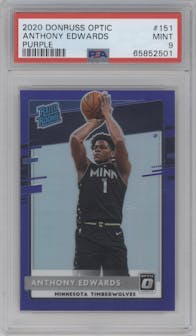 Anthony Edwards from the 2020-21 Panini Donruss Optic set featuring a Purple parallel graded by PSA and given an overall grade of 9.