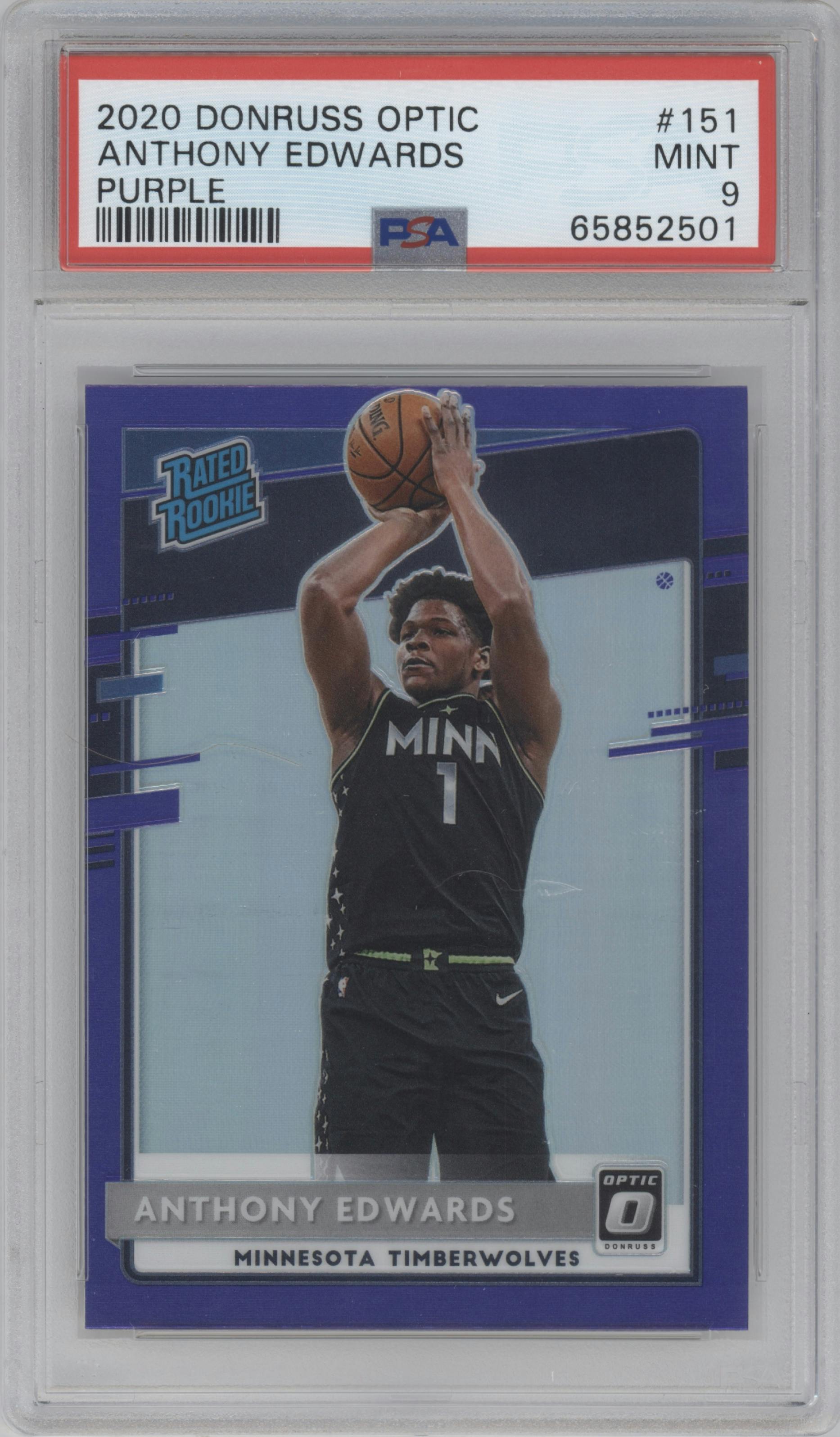 Anthony Edwards from the 2020-21 Panini Donruss Optic set featuring a Purple parallel graded by PSA and given an overall grade of 9.