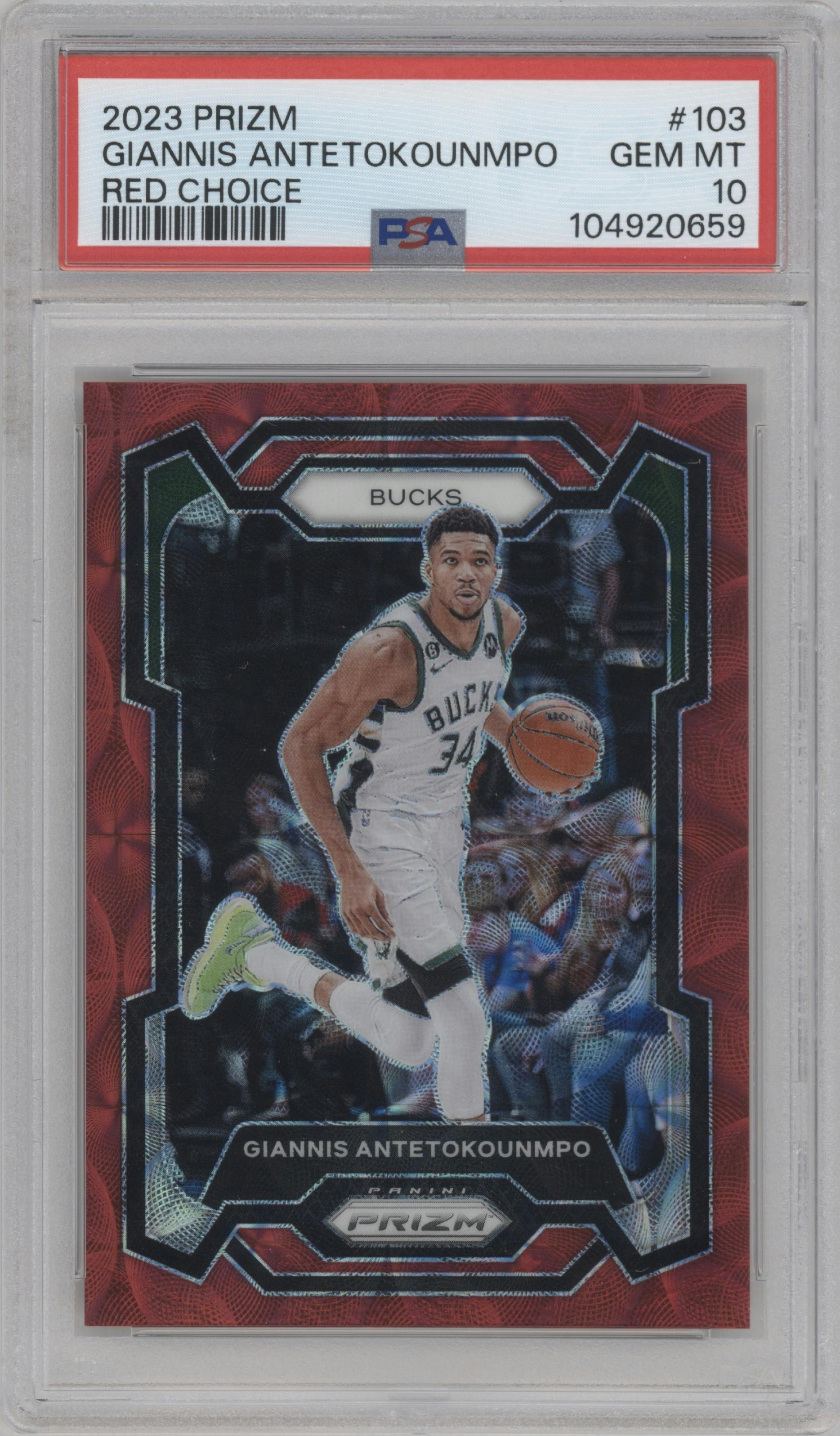 Giannis Antetokounmpo from the 2023-24 Panini Prizm set featuring a Choice Red parallel graded by PSA and given an overall grade of 10.