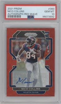 Nico Collins from the 2021 Panini Prizm set featuring a Red Wave parallel graded by PSA and given an overall grade of 10.