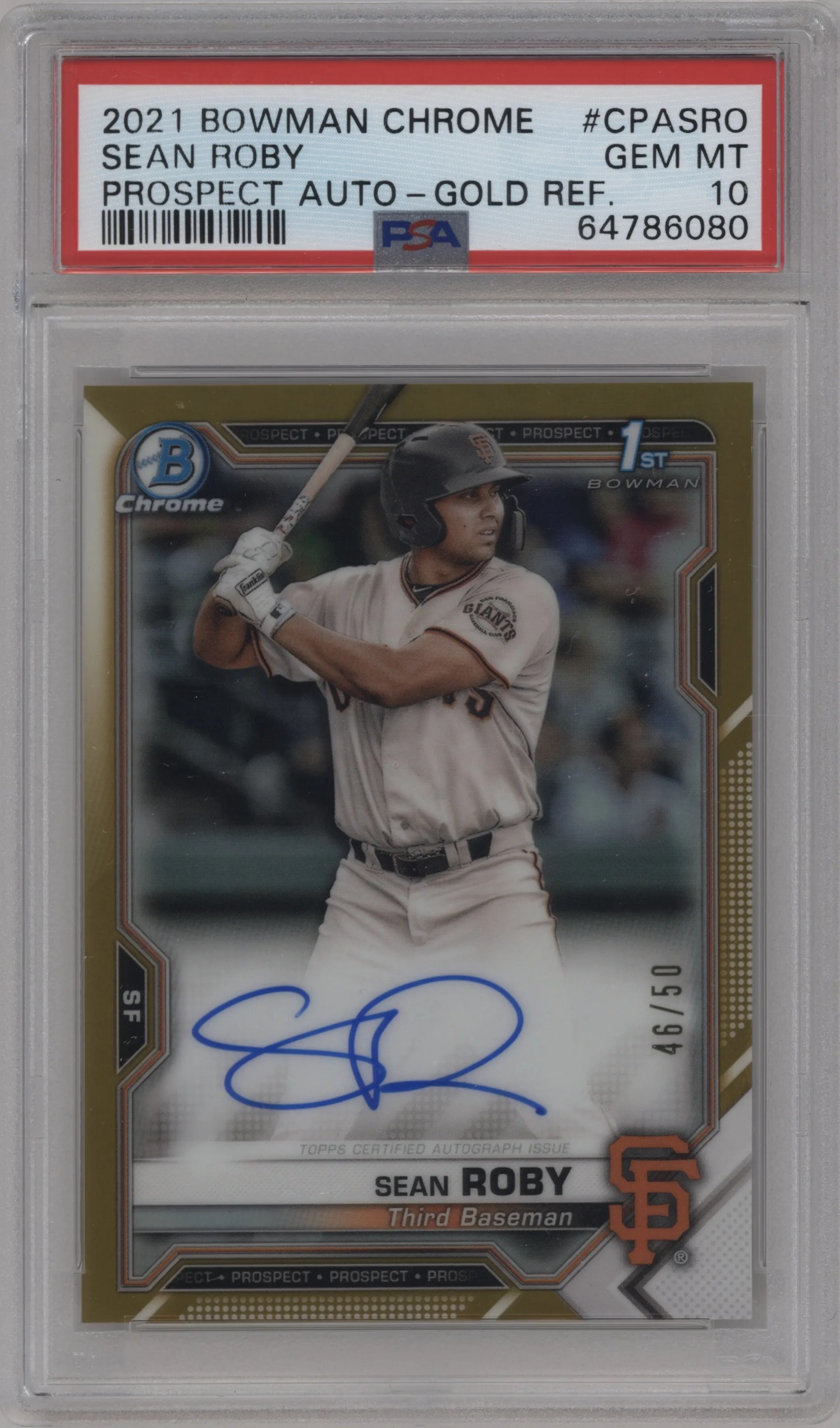 2021 Bowman Chrome Pros.Auto Sean Roby Gold Refractor PSA 10