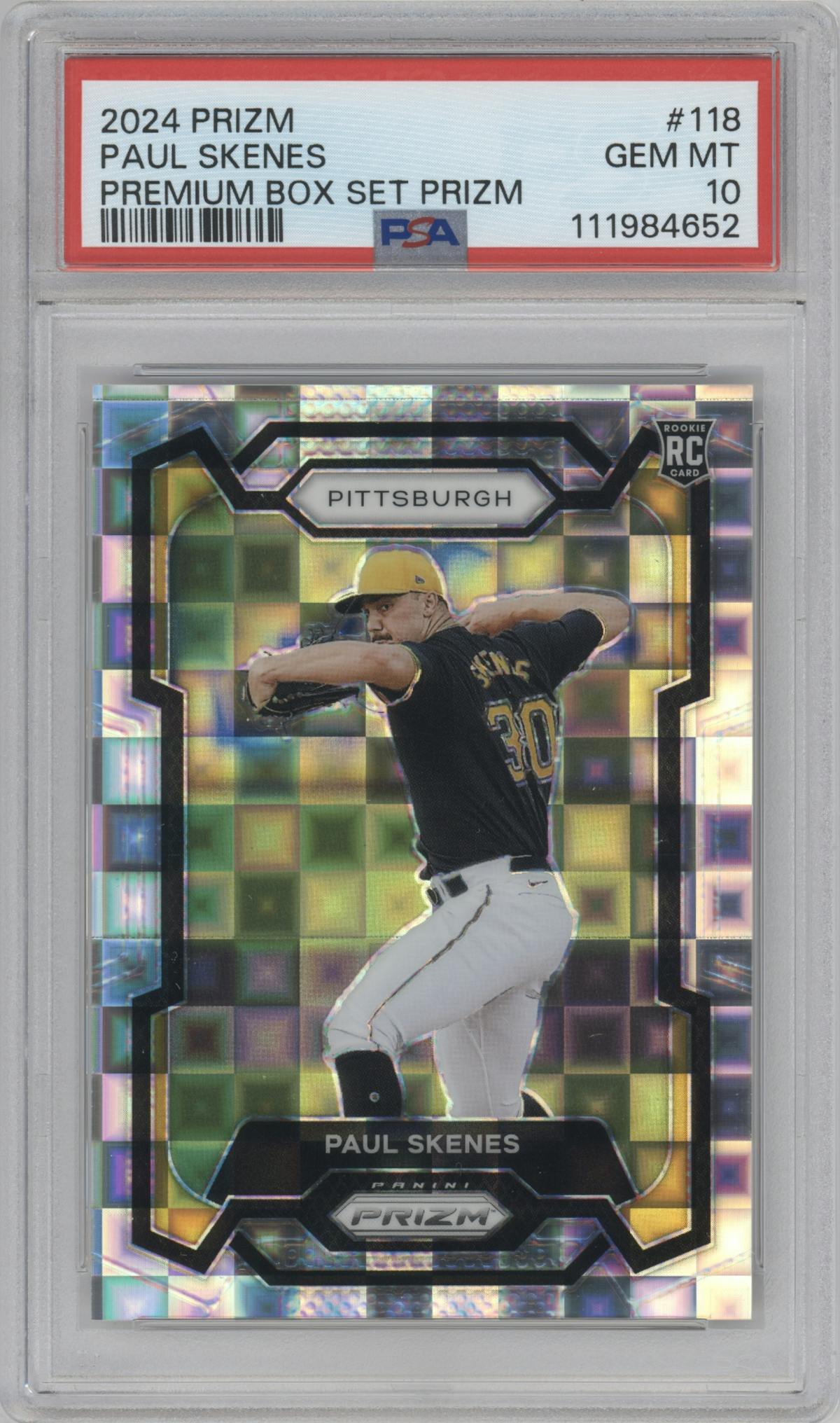 Paul Skenes from the 2024 Panini Prizm set featuring a Premium Box Set  parallel graded by PSA and given an overall grade of 10.