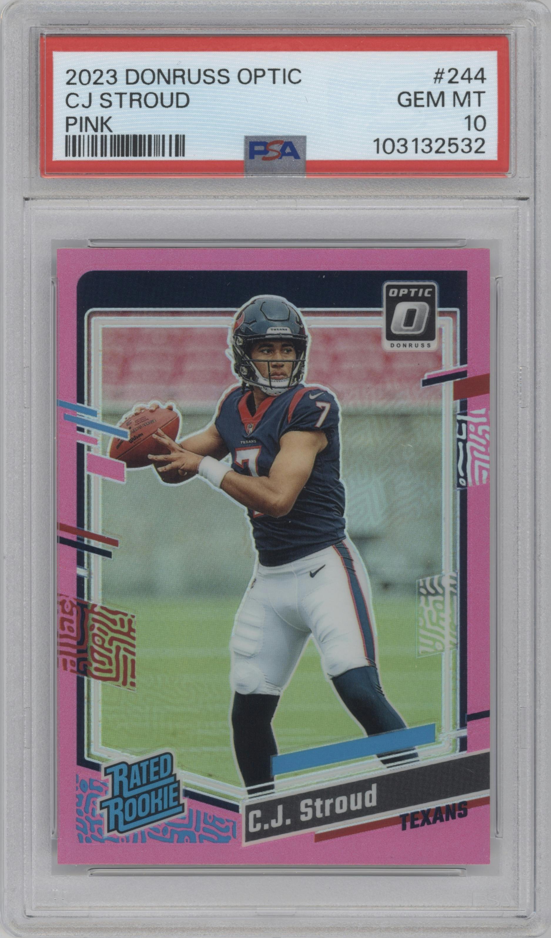 C.J. Stroud from the 2023 Donruss Optic set featuring a Pink parallel graded by PSA and given an overall grade of 10.