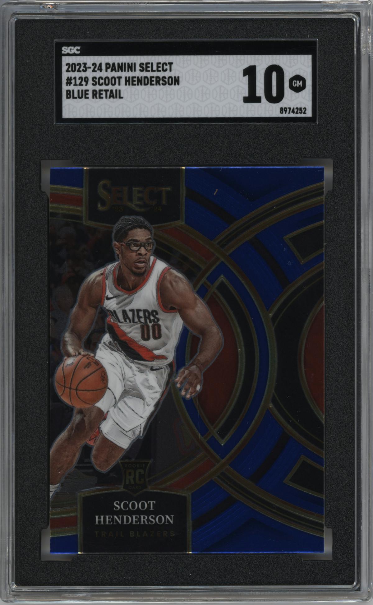 Scoot Henderson from the 2023-24 Panini Select  set featuring a Blue Retail parallel graded by SGC and given an overall grade of 10.