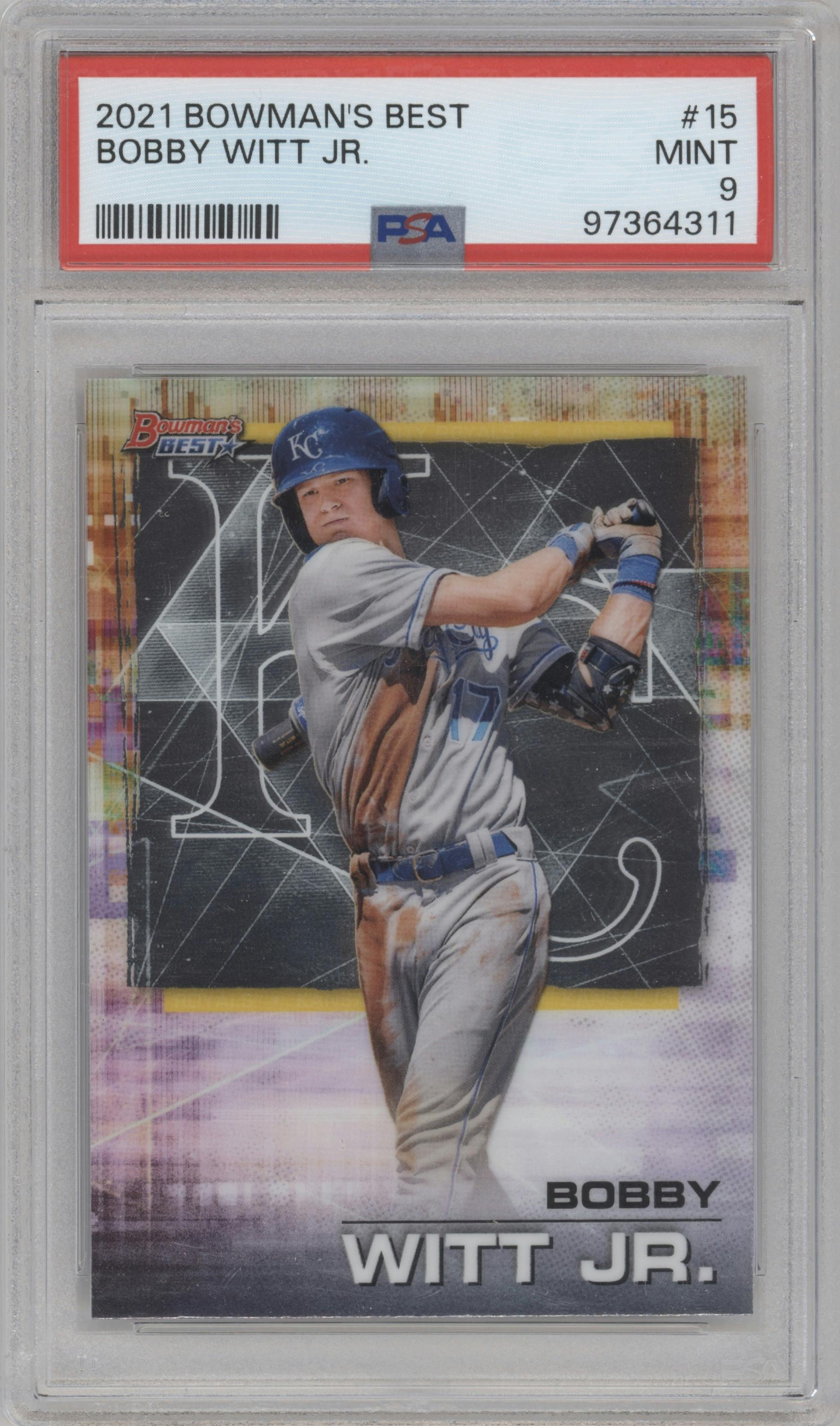 Bobby Witt Jr. from the 2021 Bowman’s Best set graded by PSA and given an overall grade of 9.