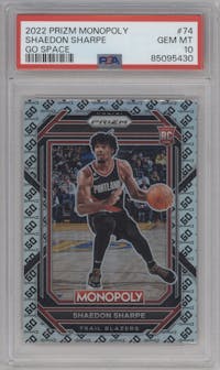 Shaedon Sharpe from the 2022-23 Panini Prizm Monopoly set featuring a GO Space parallel graded by PSA and given an overall grade of 10.