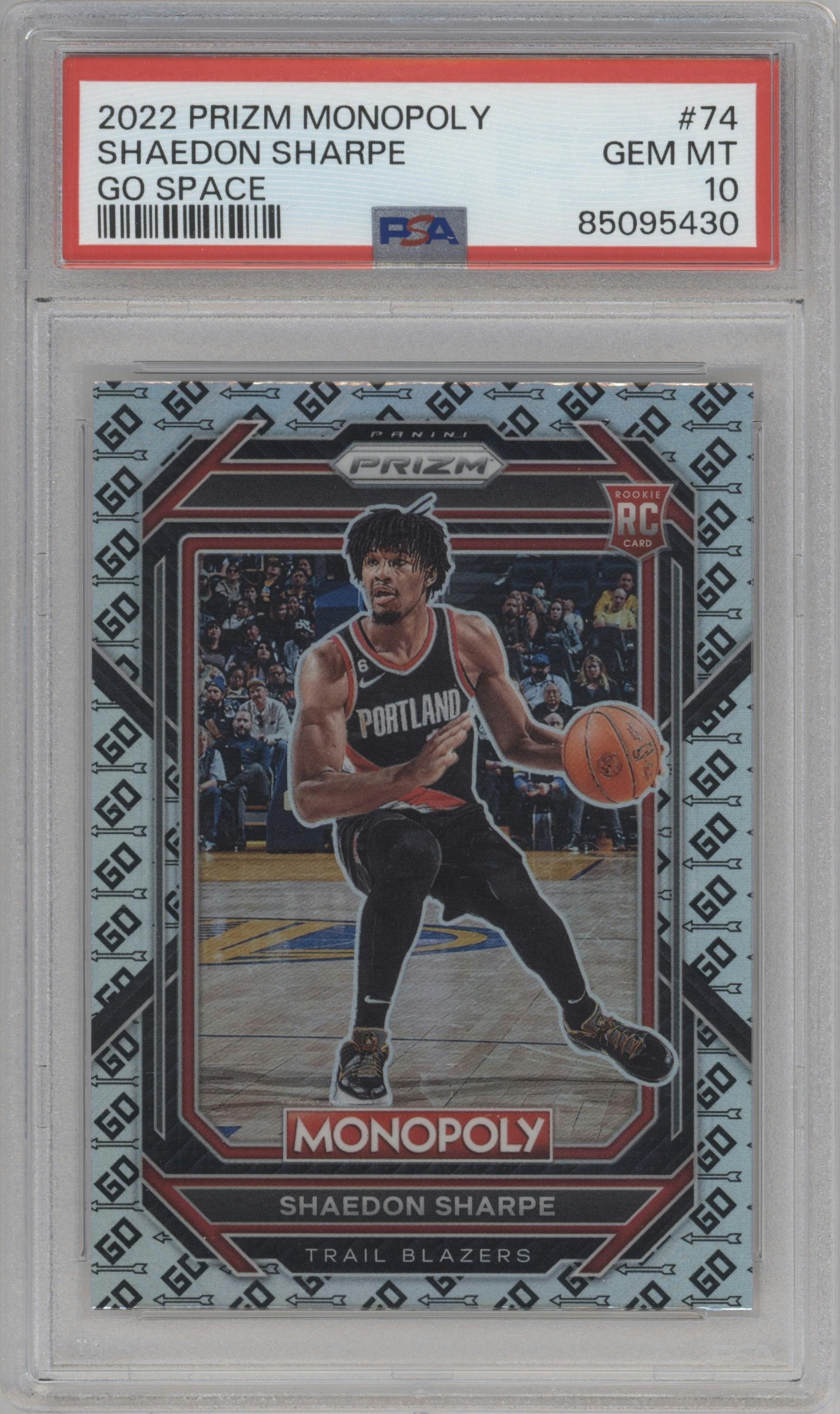 Shaedon Sharpe from the 2022-23 Panini Prizm Monopoly set featuring a GO Space parallel graded by PSA and given an overall grade of 10.