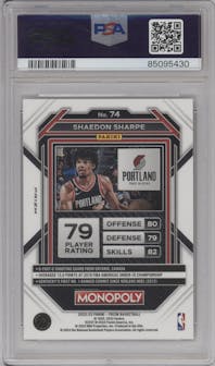 Shaedon Sharpe from the 2022-23 Panini Prizm Monopoly set featuring a GO Space parallel graded by PSA and given an overall grade of 10.