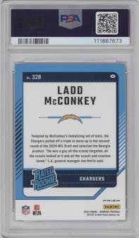 Ladd McConkey from the 2024 Donruss set featuring a Red Wave parallel graded by PSA and given an overall grade of 10.
