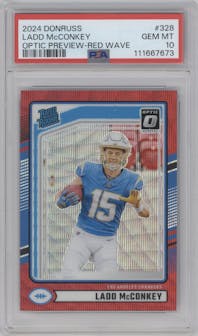 Ladd McConkey from the 2024 Donruss set featuring a Red Wave parallel graded by PSA and given an overall grade of 10.