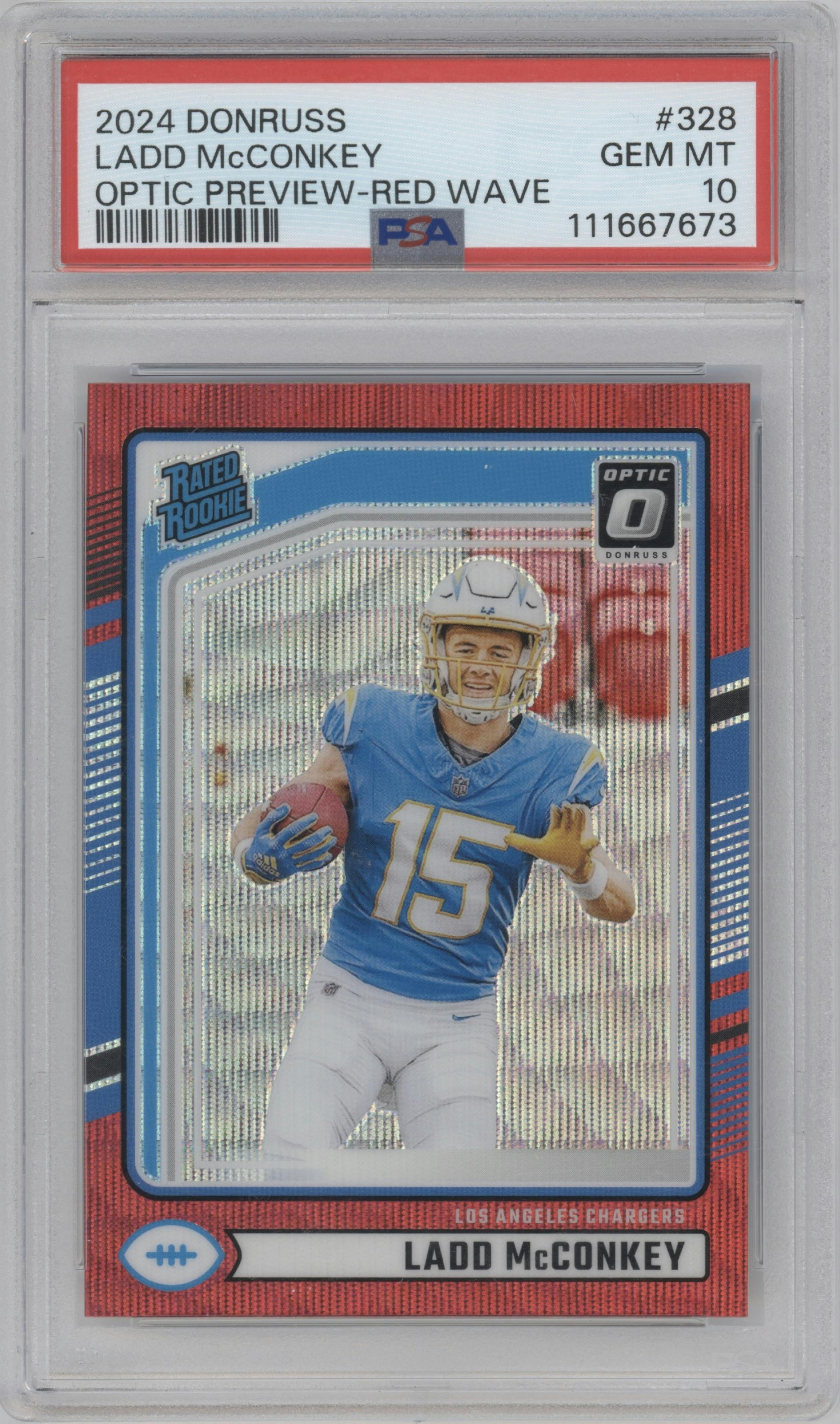 Ladd McConkey from the 2024 Donruss set featuring a Red Wave parallel graded by PSA and given an overall grade of 10.
