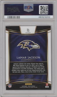 Lamar Jackson from the 2018 Panini Select set featuring a Tri-Color Prizm parallel graded by PSA and given an overall grade of 9.