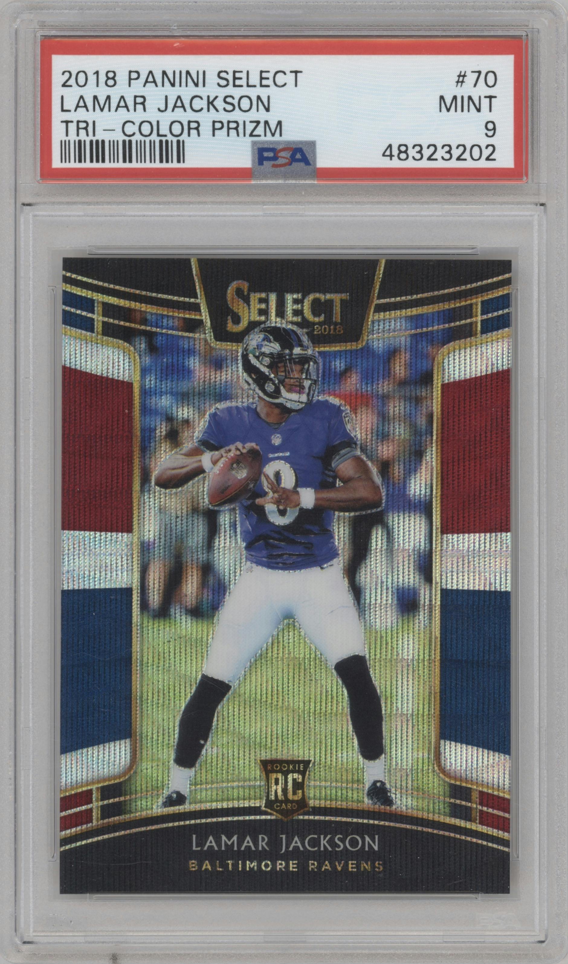 Lamar Jackson from the 2018 Panini Select set featuring a Tri-Color Prizm parallel graded by PSA and given an overall grade of 9.