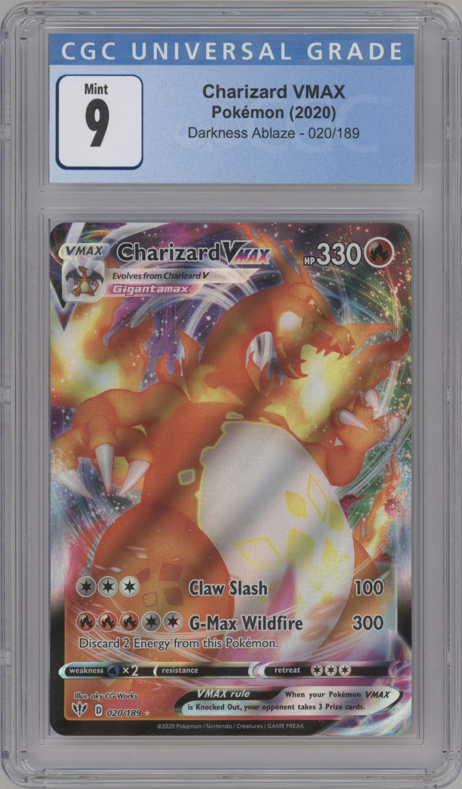 Charizard VMAX from the 2020 Pokemon SWSH set graded by CSG and given an overall grade of 9.