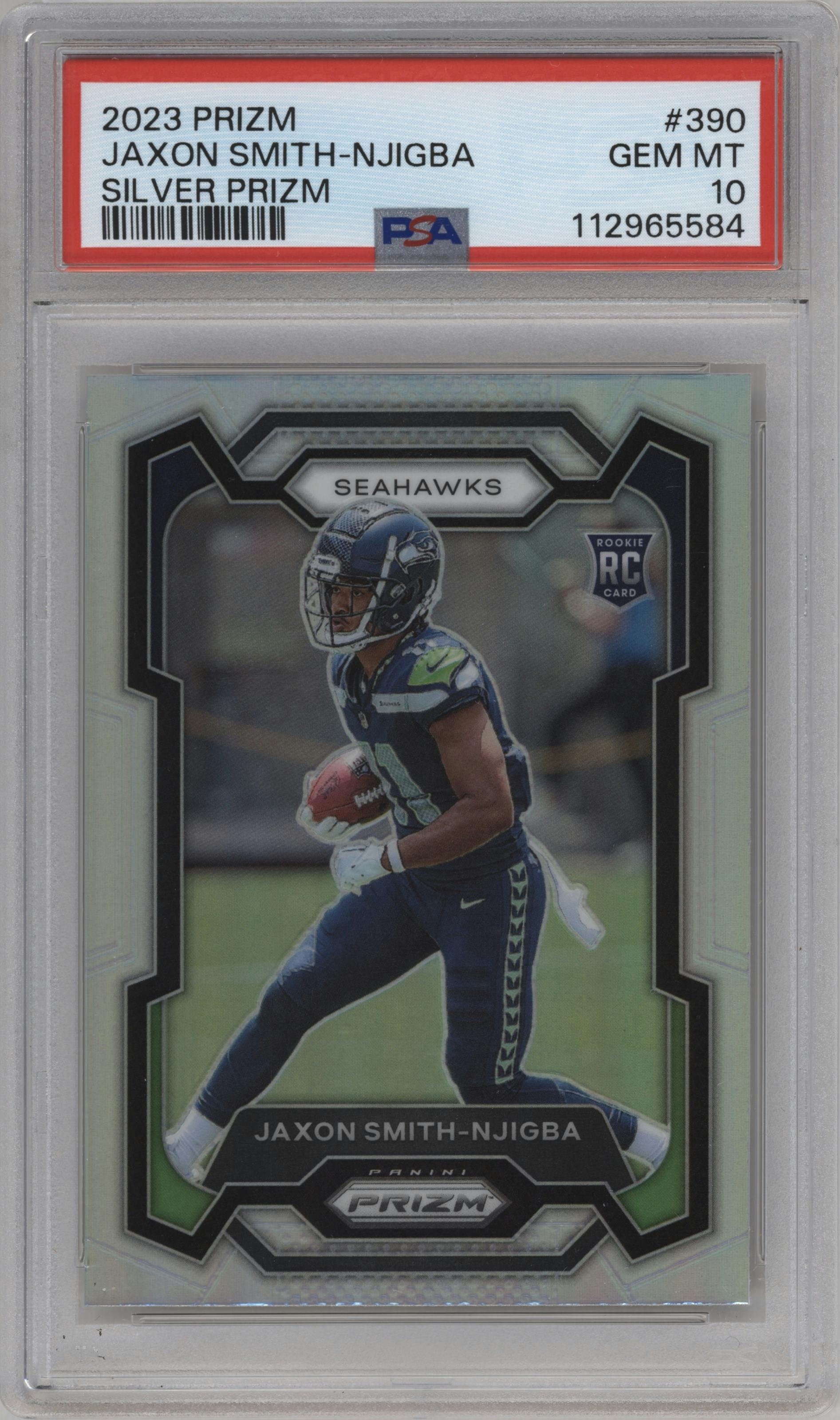 Jaxon Smith-Njigba from the 2023 Panini Prizm set featuring a Silver Prizm parallel graded by PSA and given an overall grade of 10.