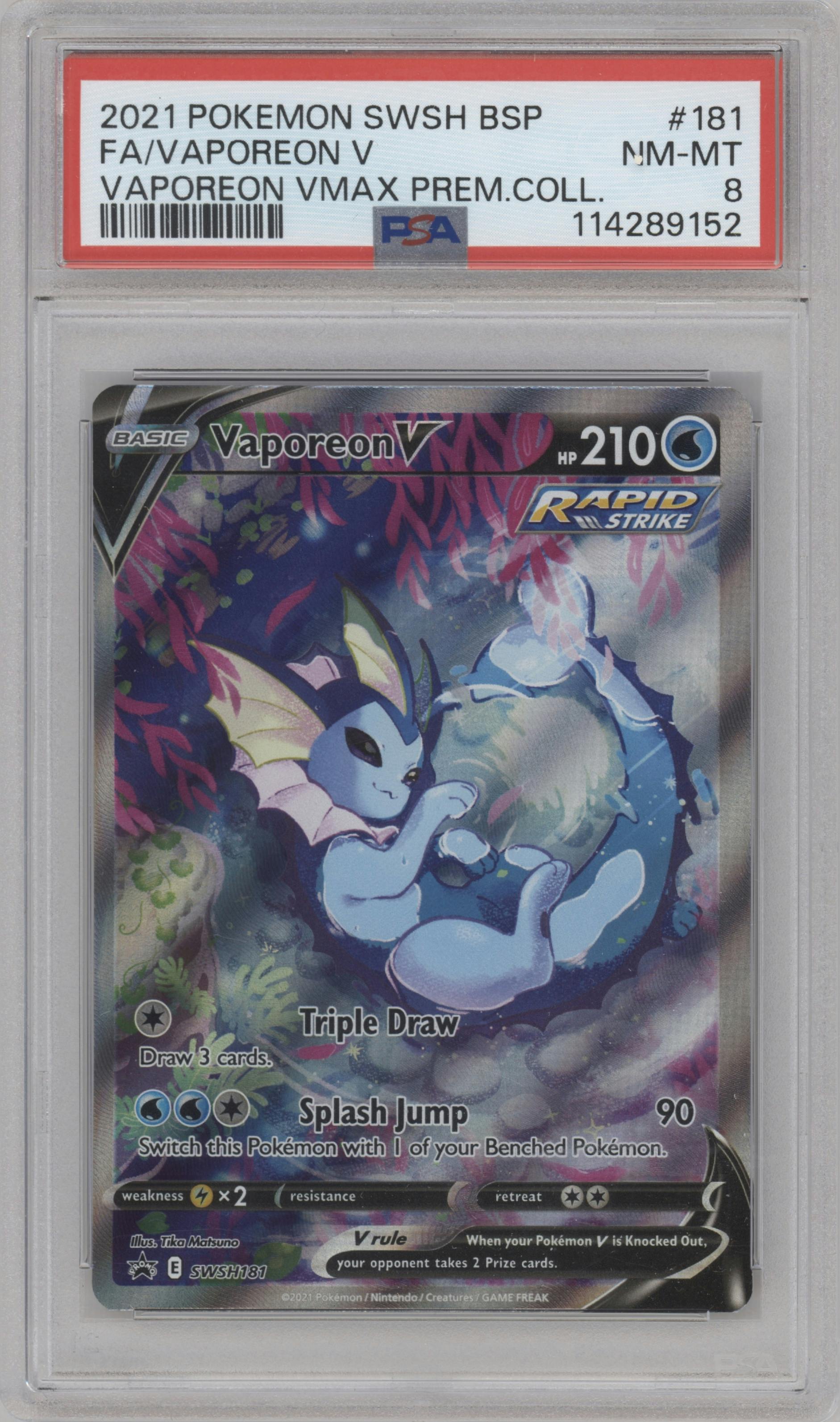 Vaporeon V from the 2021 Pokemon SWSH set featuring a Vaporeon VMAX Premium Collection parallel graded by PSA and given an overall grade of 8.