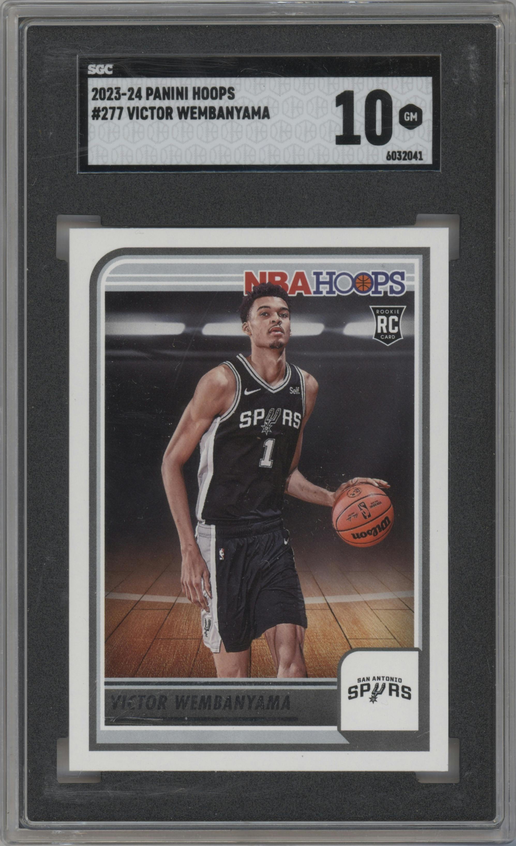 Victor Wembanyama from the 2023-24 Panini NBA Hoops set graded by SGC and given an overall grade of 10.