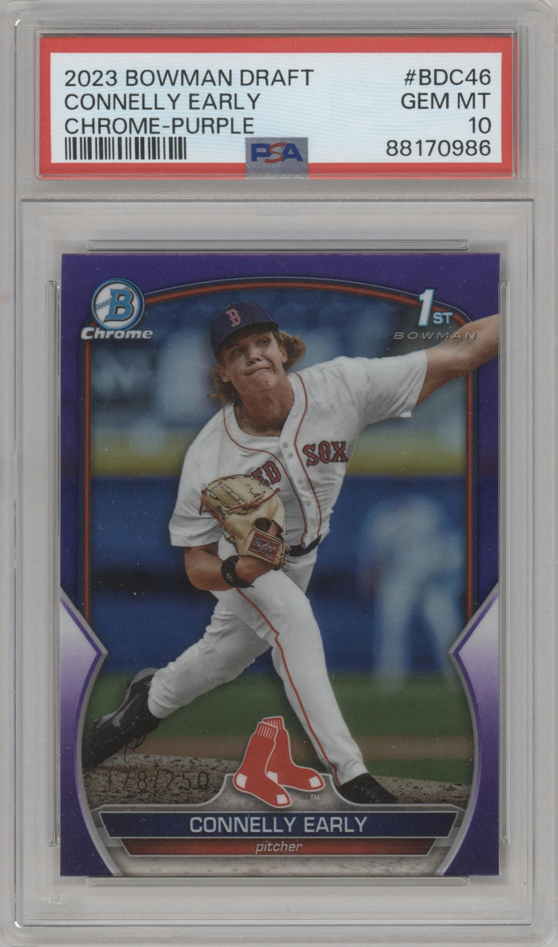 Connelly Early from the 2023 Bowman Draft set featuring a Purple Refractor parallel graded by PSA and given an overall grade of 10.