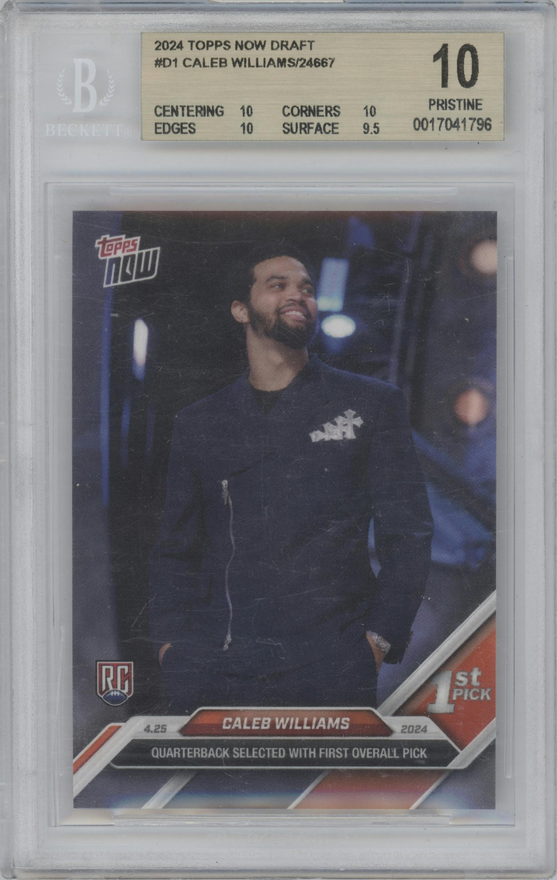 Caleb Williams from the 2024 Topps Now set graded by Beckett and given an overall grade of 10.