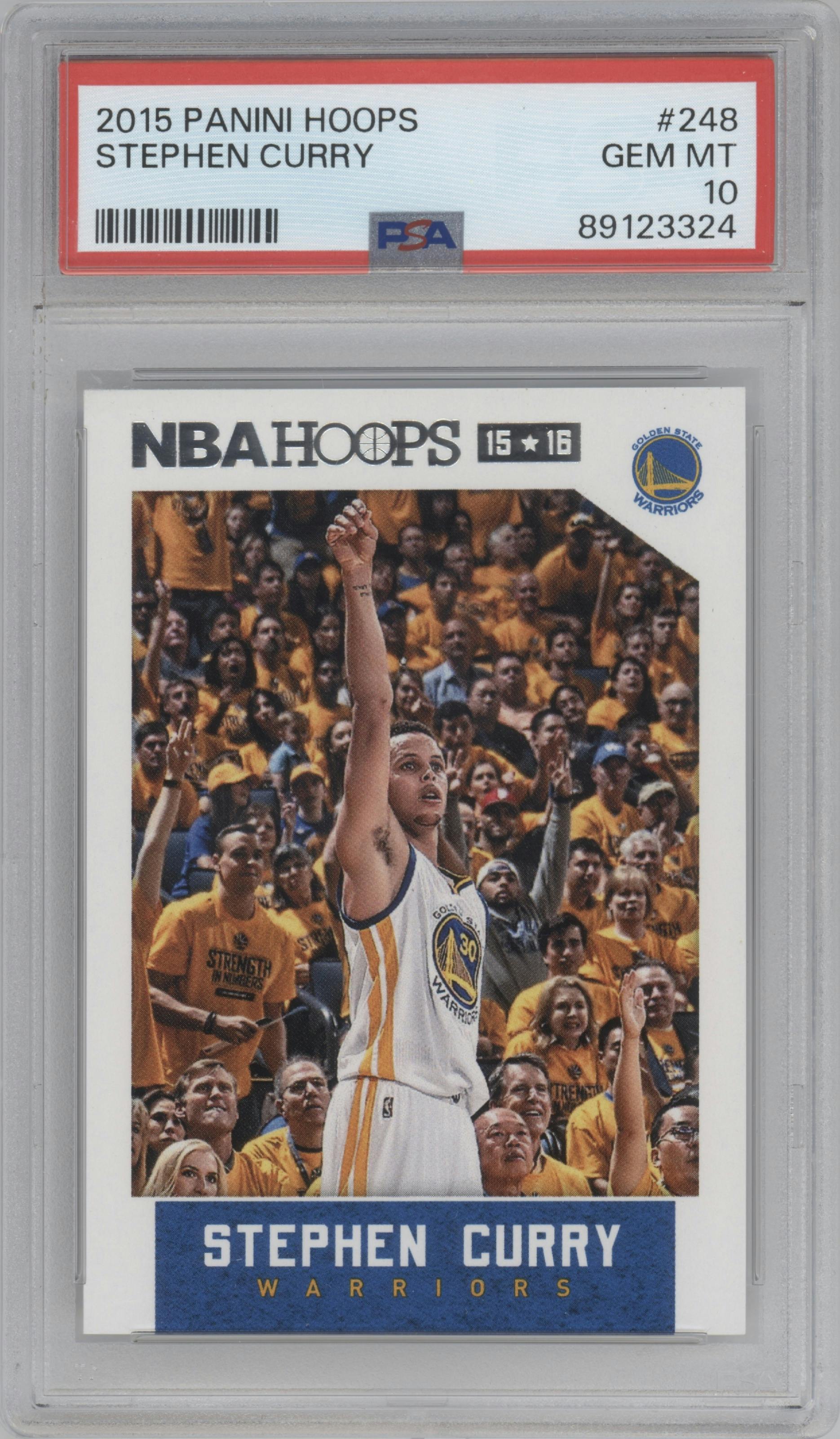 Stephen Curry from the 2015-16 Panini NBA Hoops set graded by PSA and given an overall grade of 10.