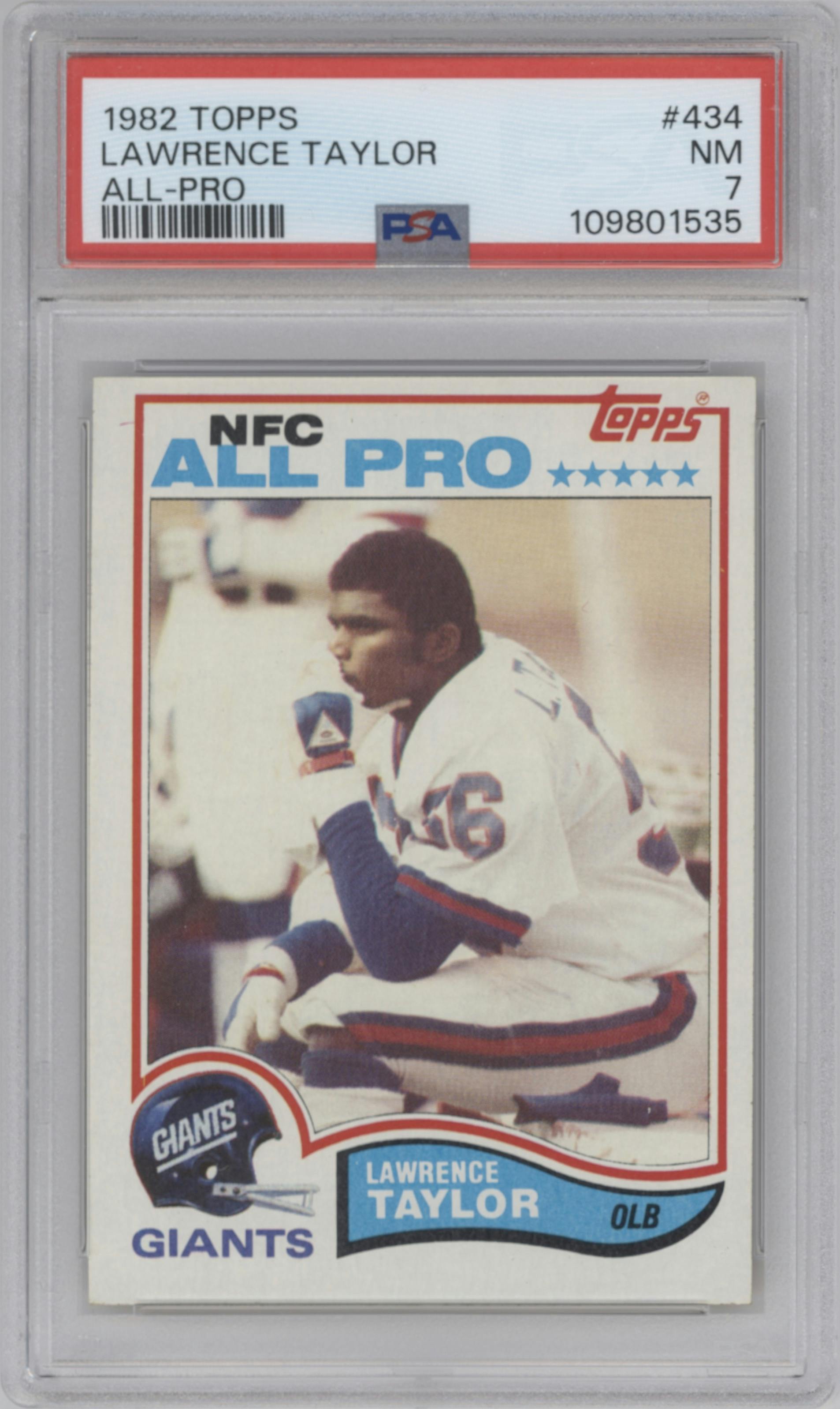 Lawrence Taylor from the 1982 Topps set graded by PSA and given an overall grade of 7.