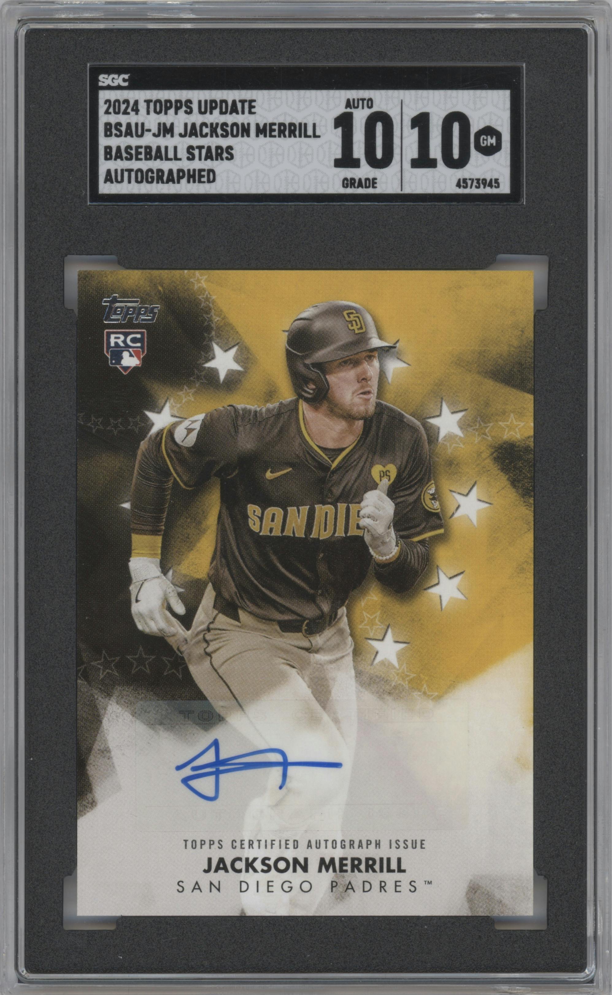 Jackson Merrill from the 2024 Topps Update set graded by SGC and given an overall grade of 10.