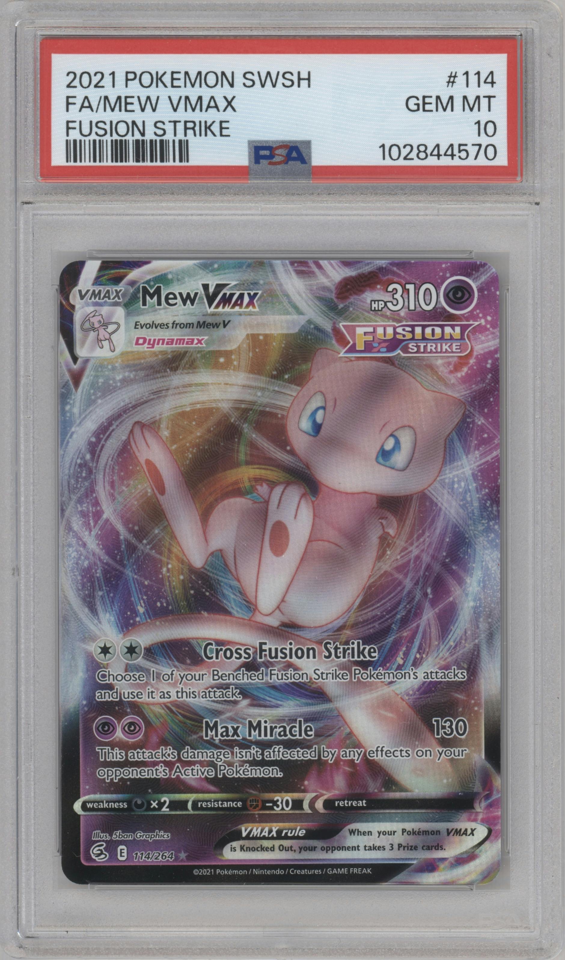 Mew VMAX from the 2021 Pokemon SWSH set graded by PSA and given an overall grade of 10.