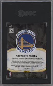 Stephen Curry from the 2020-21 Panini Donruss Optic set featuring a Holo parallel graded by SGC and given an overall grade of 10.