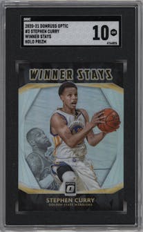 Stephen Curry from the 2020-21 Panini Donruss Optic set featuring a Holo parallel graded by SGC and given an overall grade of 10.