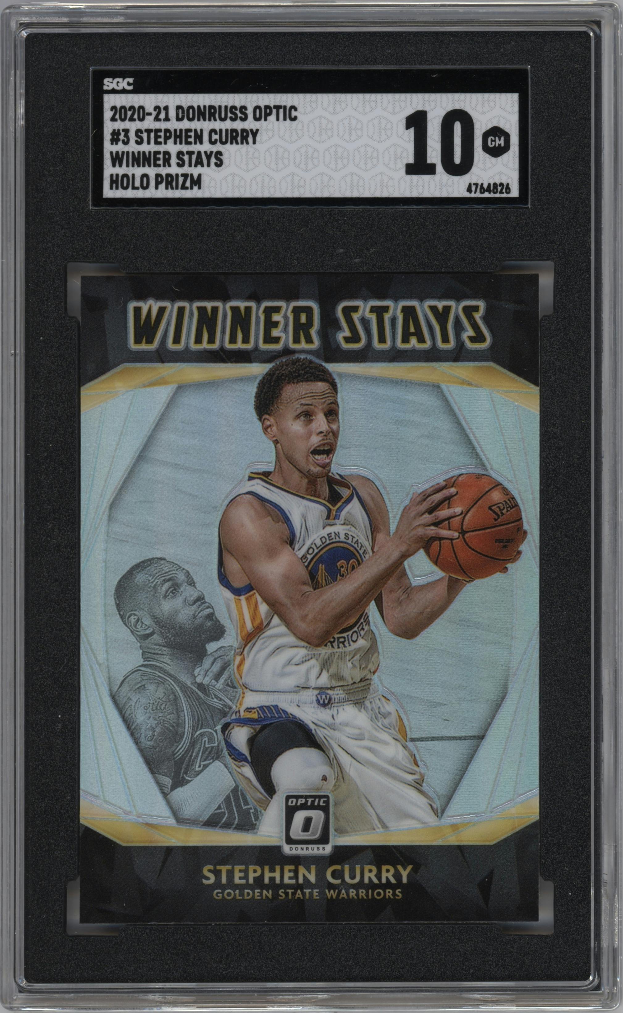 Stephen Curry from the 2020-21 Panini Donruss Optic set featuring a Holo parallel graded by SGC and given an overall grade of 10.