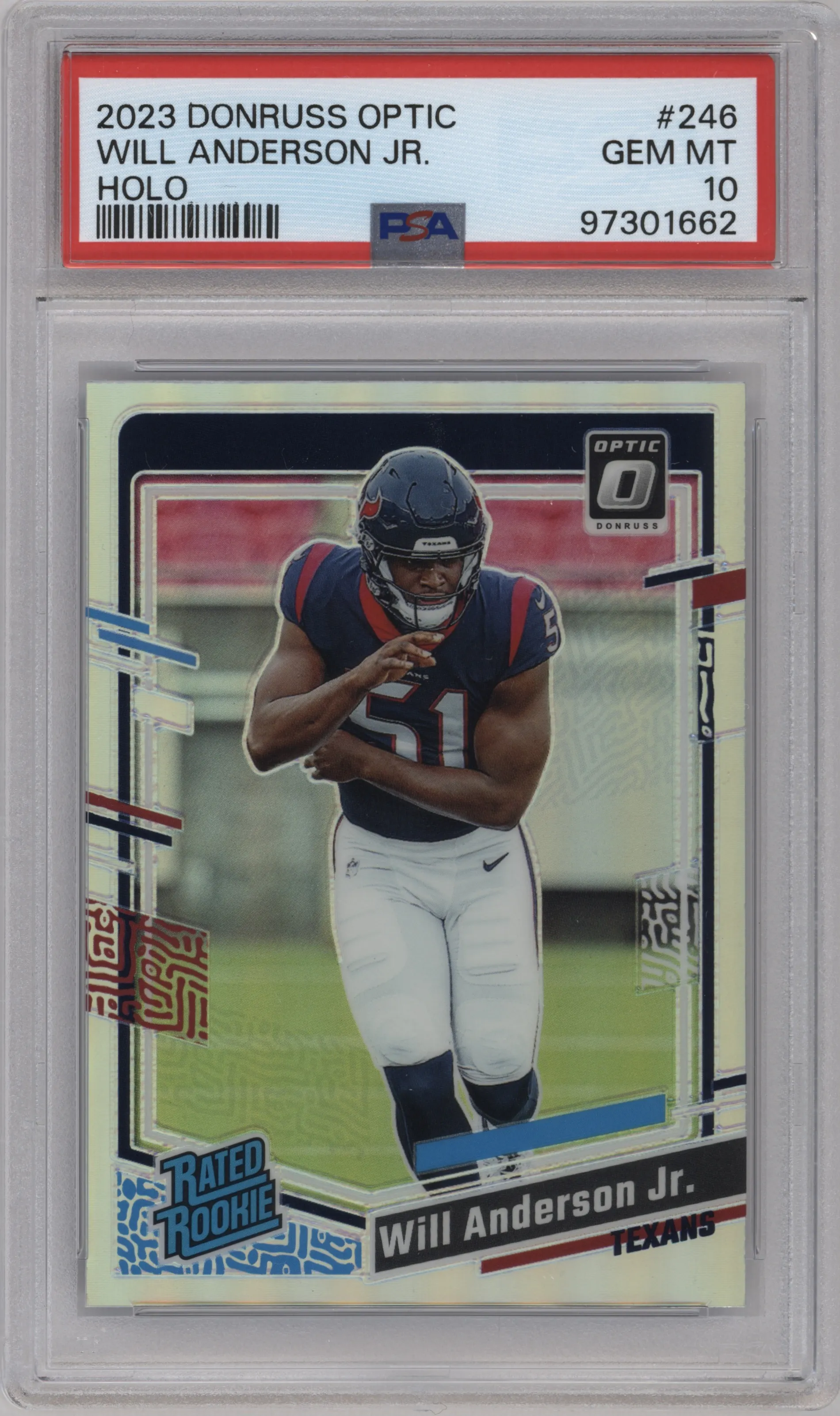 Will Anderson Jr. from the 2023 Donruss Optic set featuring a Holo parallel graded by PSA and given an overall grade of 10.
