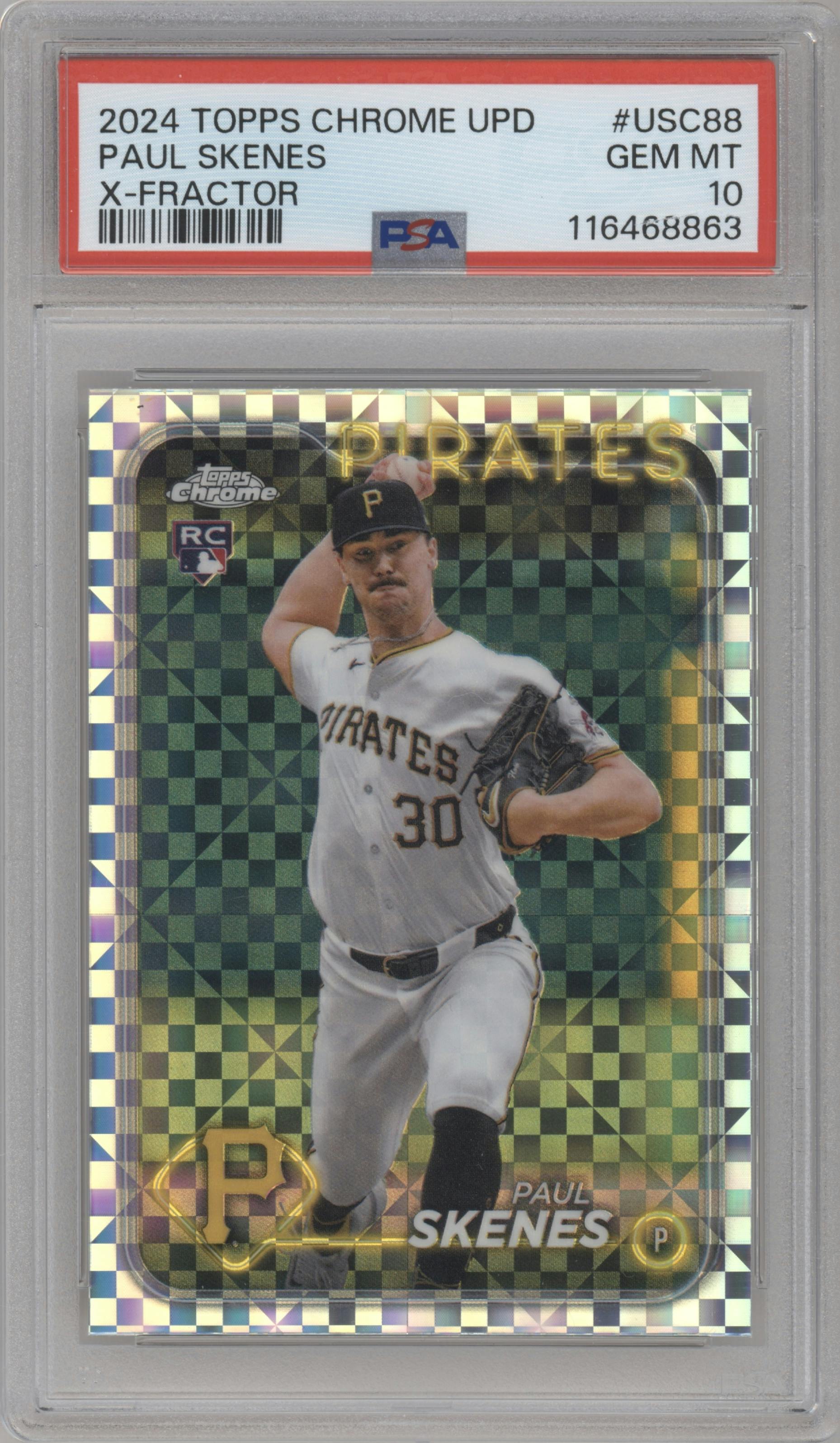 Paul Skenes from the 2024 Topps Chrome Update set featuring a X-Fractor parallel graded by PSA and given an overall grade of 10.