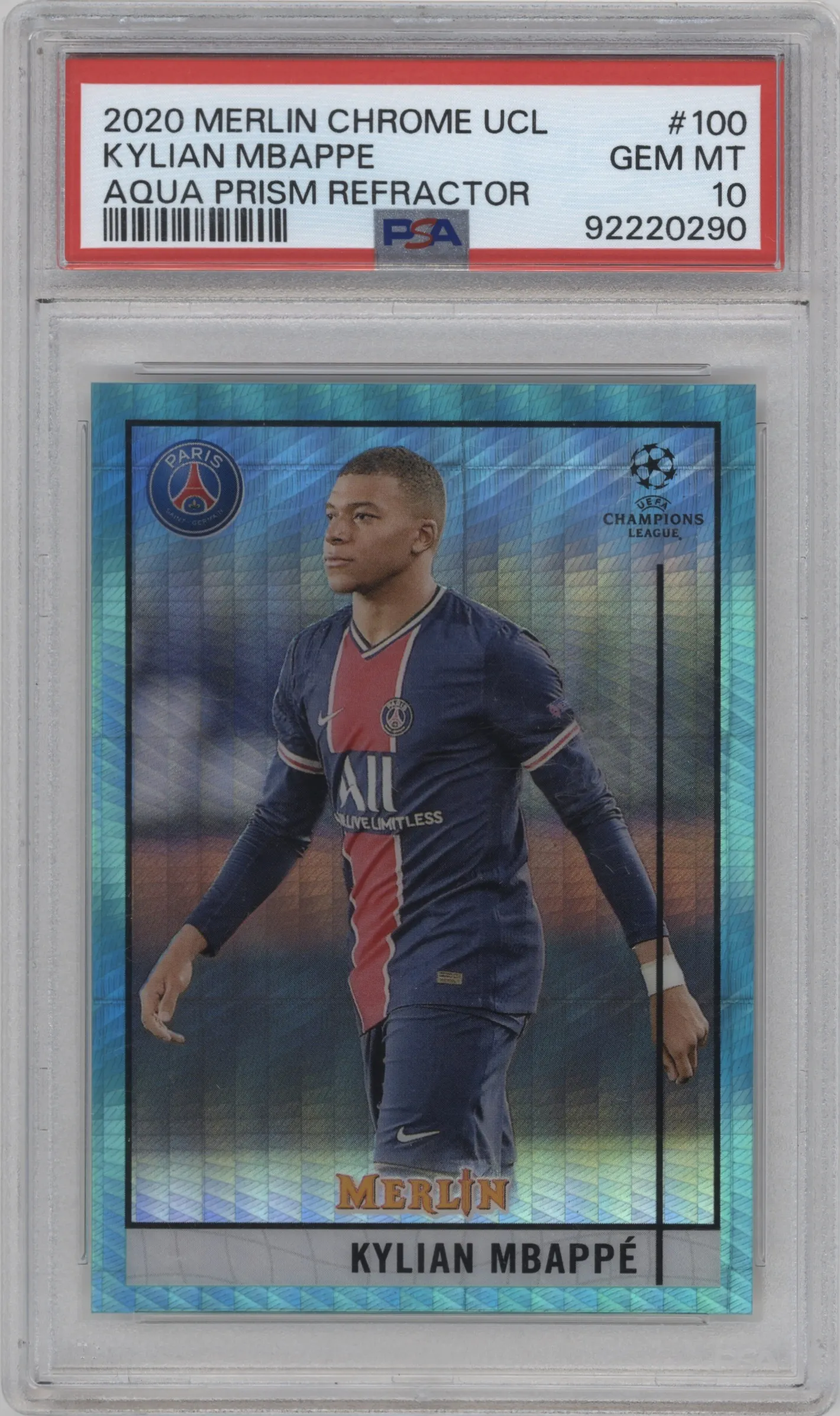 2020 Topps Chrome Merlin UEFA Kylian Mbappe Aqua Prism Refractor #100 PSA 10