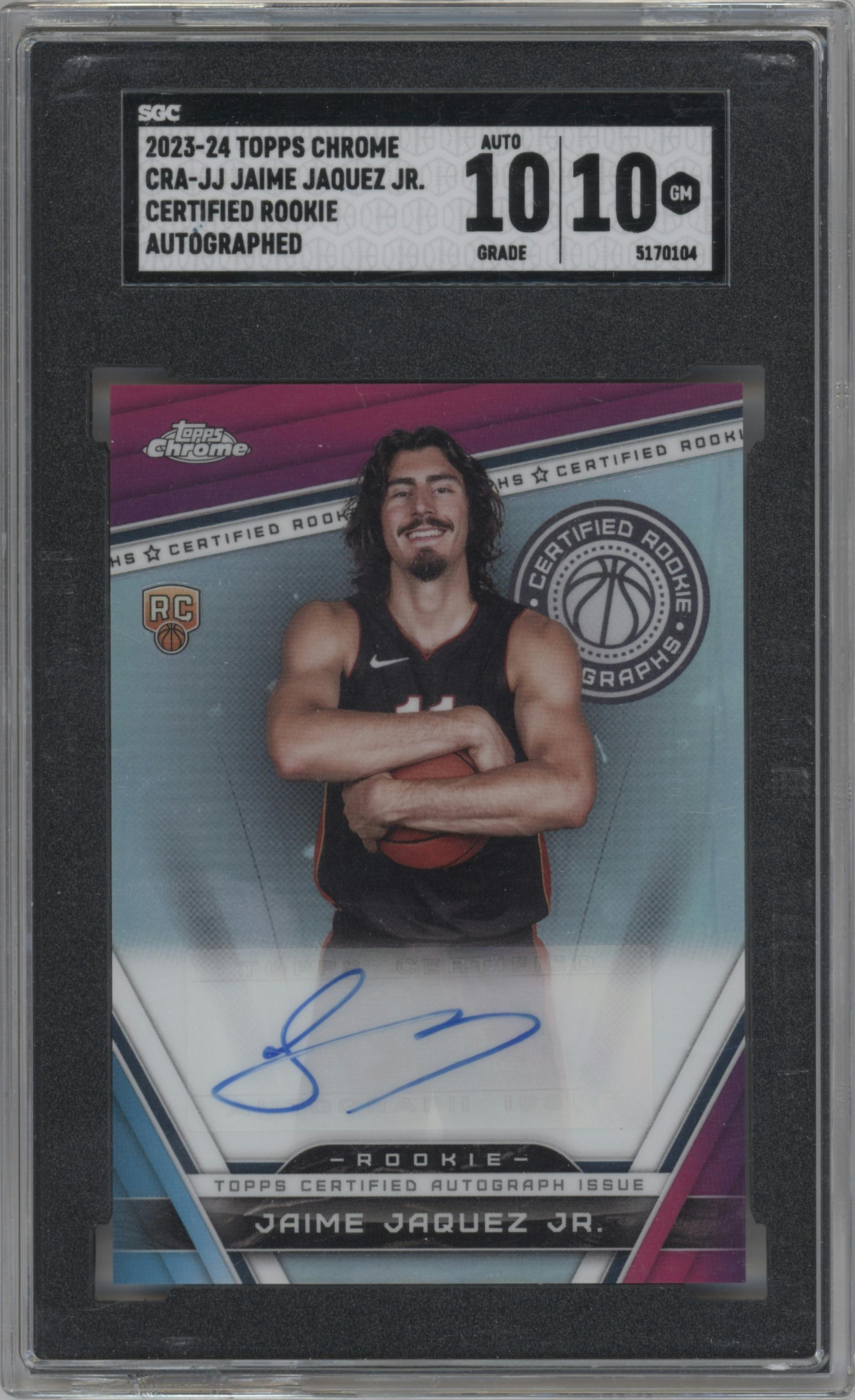Jaime Jaquez Jr. from the 2023-24 Topps Chrome set featuring a Refractor parallel graded by SGC and given an overall grade of 10.