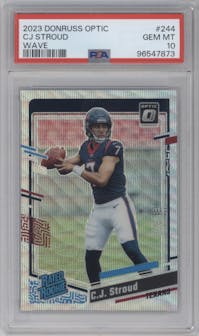 C.J. Stroud from the 2023 Donruss Optic set featuring a Wave parallel graded by PSA and given an overall grade of 10.