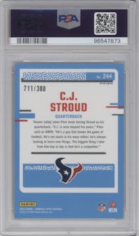 C.J. Stroud from the 2023 Donruss Optic set featuring a Wave parallel graded by PSA and given an overall grade of 10.