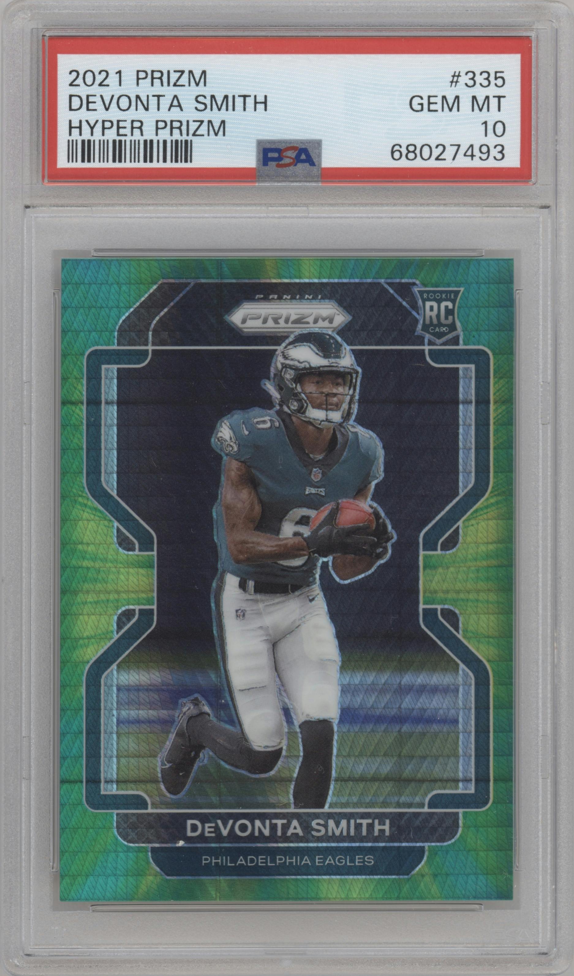 DeVonta Smith from the 2021 Panini Prizm set featuring a Hyper parallel graded by PSA and given an overall grade of 10.