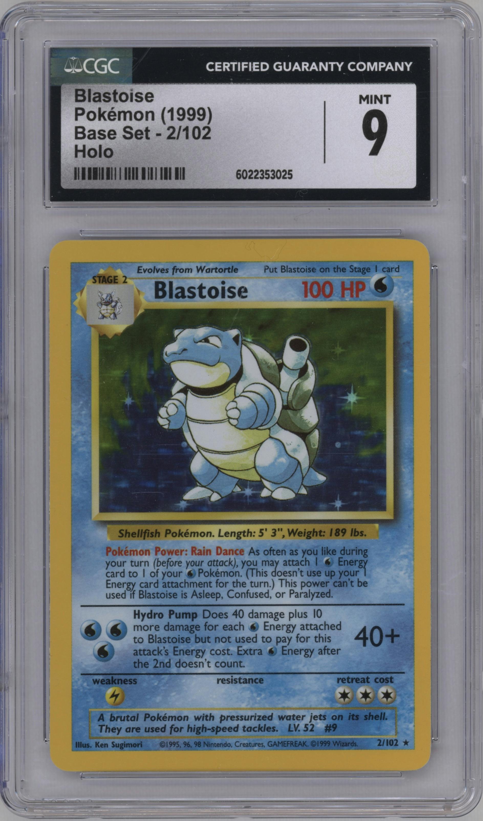 Blastoise from the 1999 Pokemon set graded by CSG and given an overall grade of 9.
