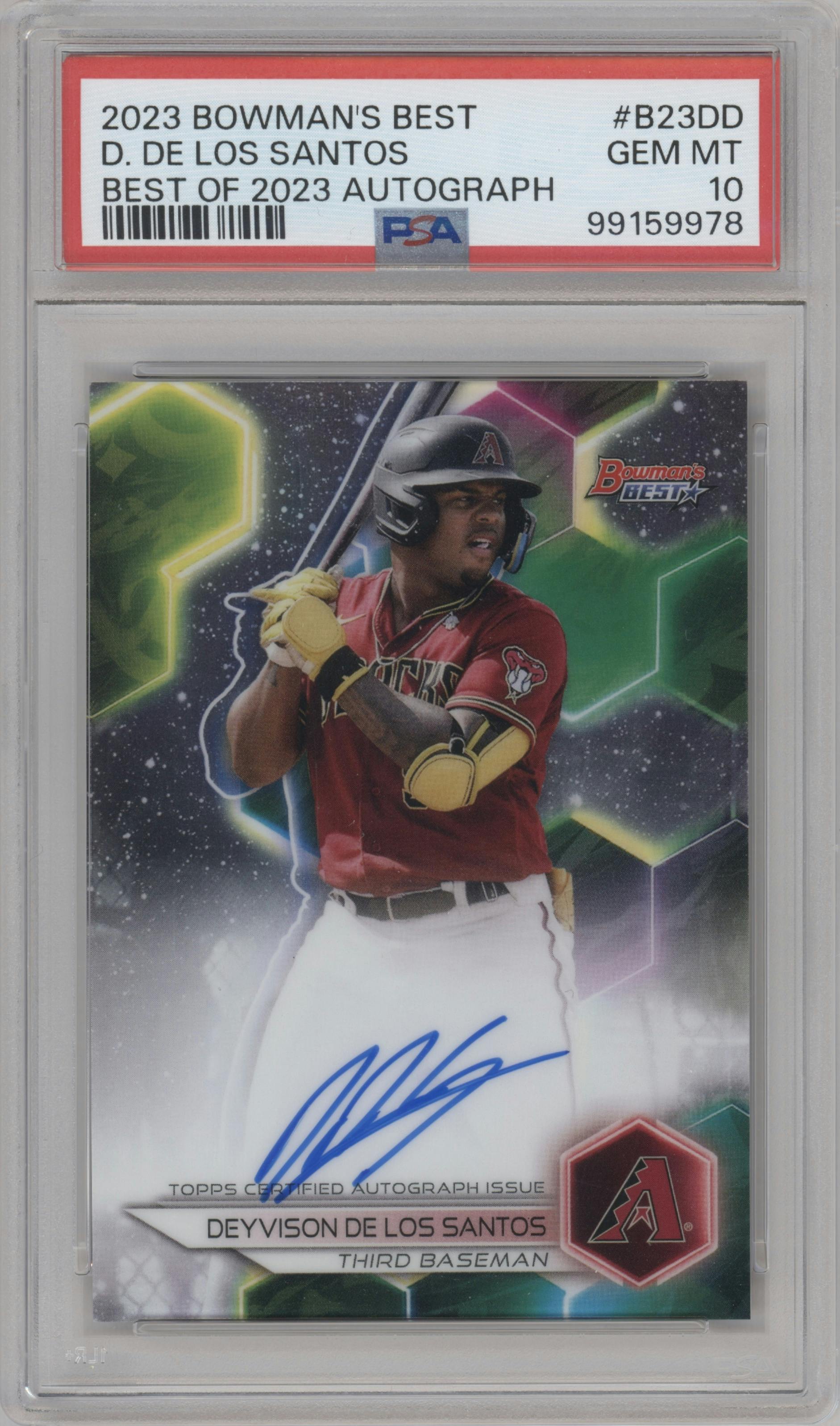 Deyvison De Los Santos from the 2023 Bowman's Best set graded by PSA and given an overall grade of 10.